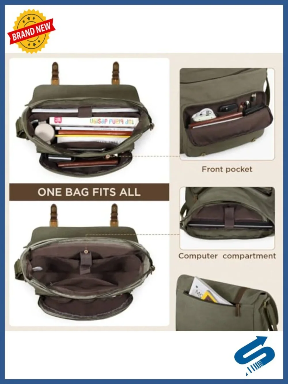 Vintage Canvas Messenger Laptop Bag for Men 15.6-16 inch Padded Shoulder Satchel